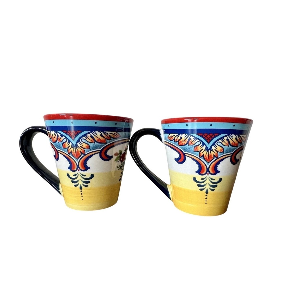 Euro Ceramica Zanzibar Coffee Mugs Set of 2 Spanish Floral Ceramic 14oz